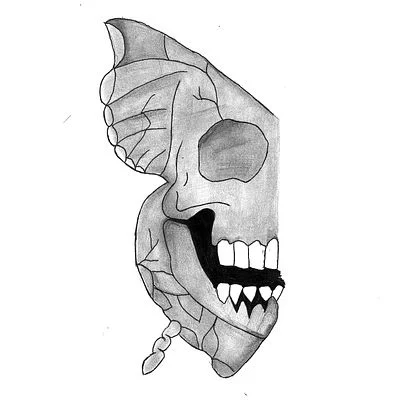 "Skull's Butterfly Laughter: A Creepy Transformation"