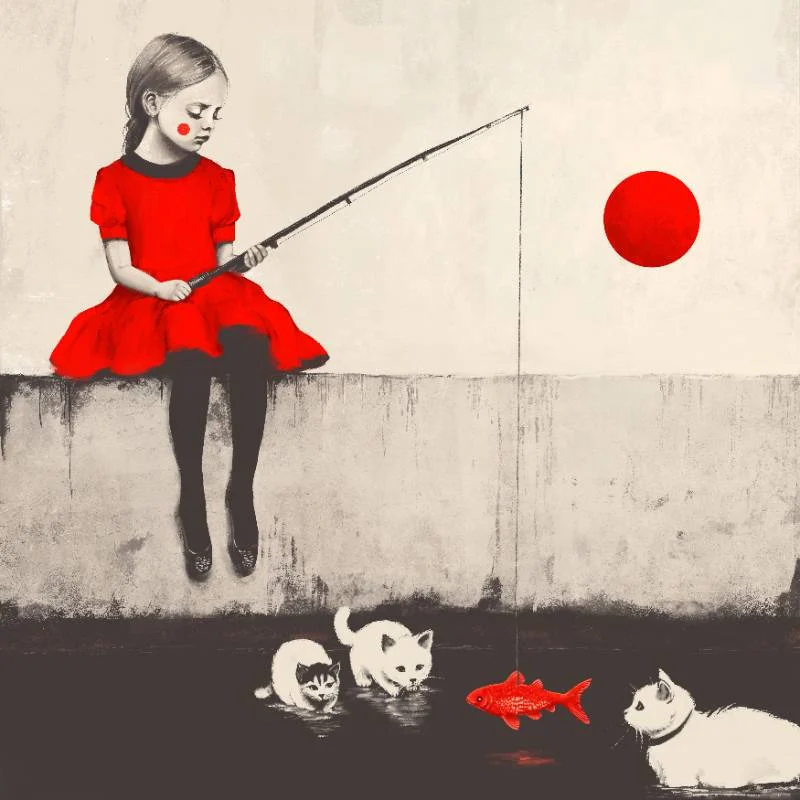 Girl, fish and three cats