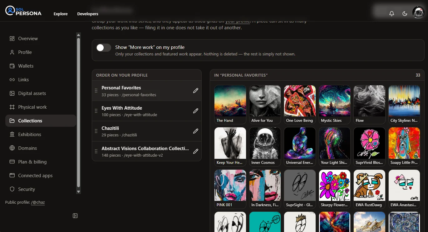 Collections, Exhibitions, and Physical work — screenshot